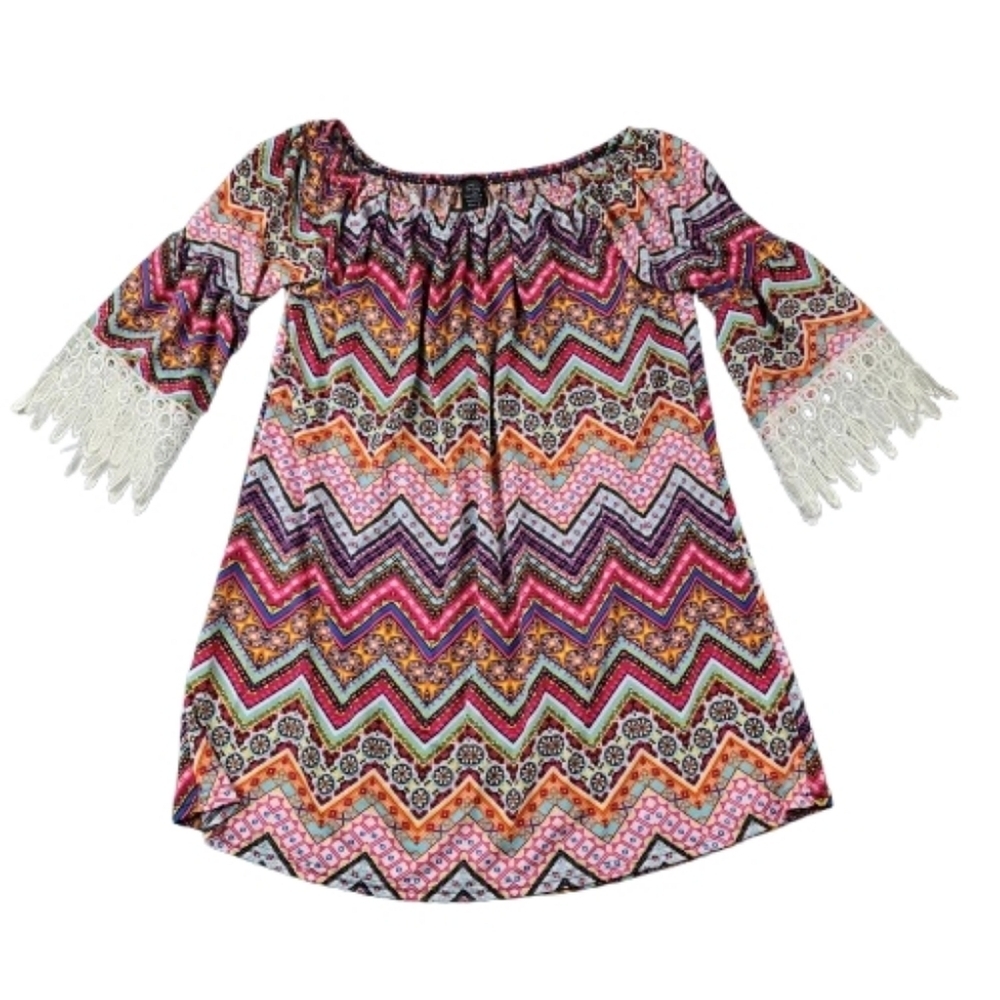 Colorful Chevron Off-Shoulder Tunic Style Fairy Boho Size L-XL Lace Stretch